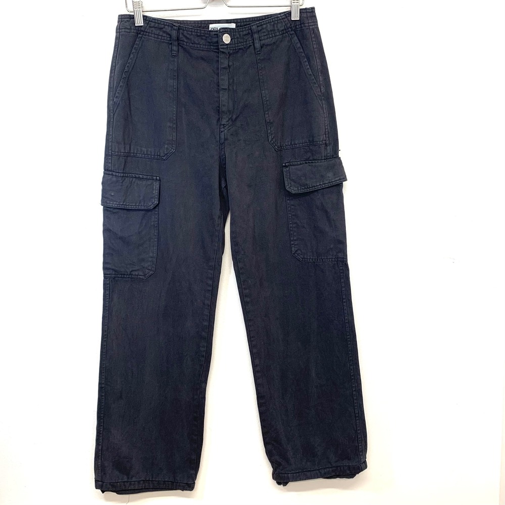 Zara High Waisted Straight Leg Utility Cargo Pants 10 Gray 100% Cotton Gorpcore‎